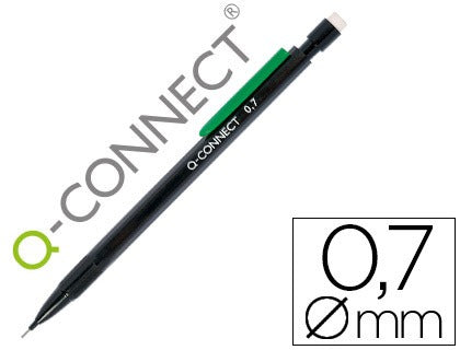 Portaminas q-connect 0,7 mm con 3 minas cuerpo negro con clip verde.